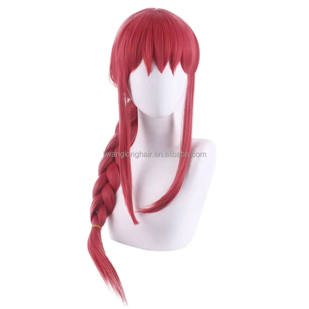 Long Rose Red Pink Braid Wig Bangs Anime Red Cosplay 27.5 Heat Resistant High Temperature Fiber for Women Halloween