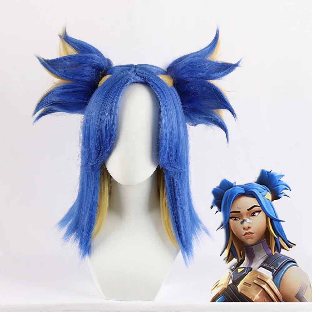 Wholesale Game Valorant Neon Wig Cosplay 40cm Medium Long Blue Blonde Mixed Synthetic Anime Ponytails Peluca Cosplay Wig