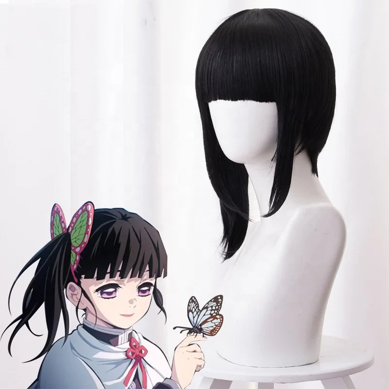 Wholesale 40cm Short Demon Slayer Peluca Tsuyuri Kanawo Wig Cosplay Black Synthetic Anime Hair Wigs With One Ponytail