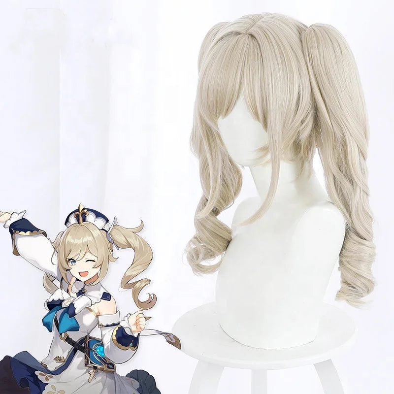 Wholesale 50cm Long Wave Light Blonde Genshin Impact Barbara Wig Cosplay Synthetic Anime Lolita Hair Wig With Two Ponytails