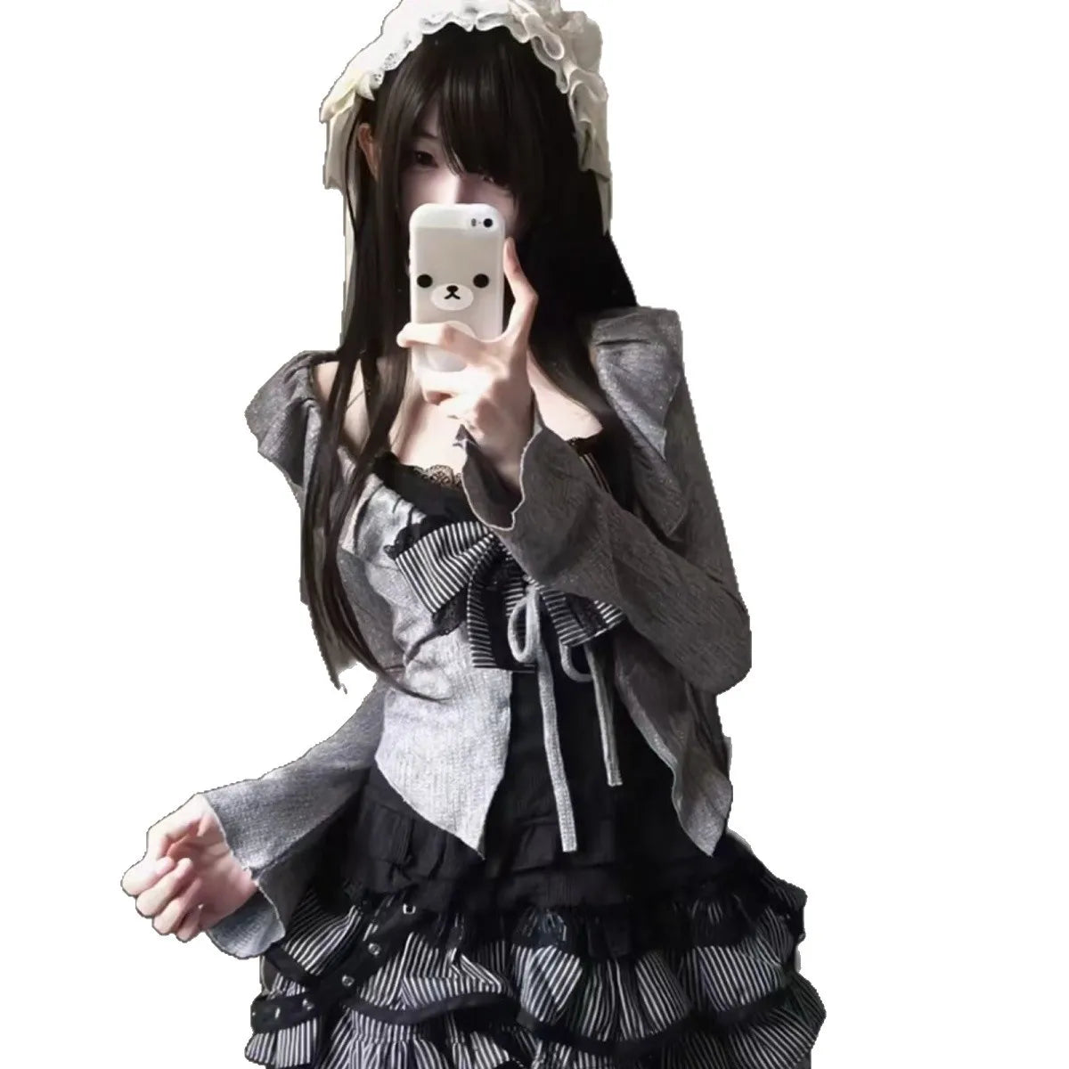 Sweet and Spicy Chic Black Lace-Panelled Camisole Frilled Gray Figure-Flattering Cardigan One Set with Above-Knee Tiered Skirt