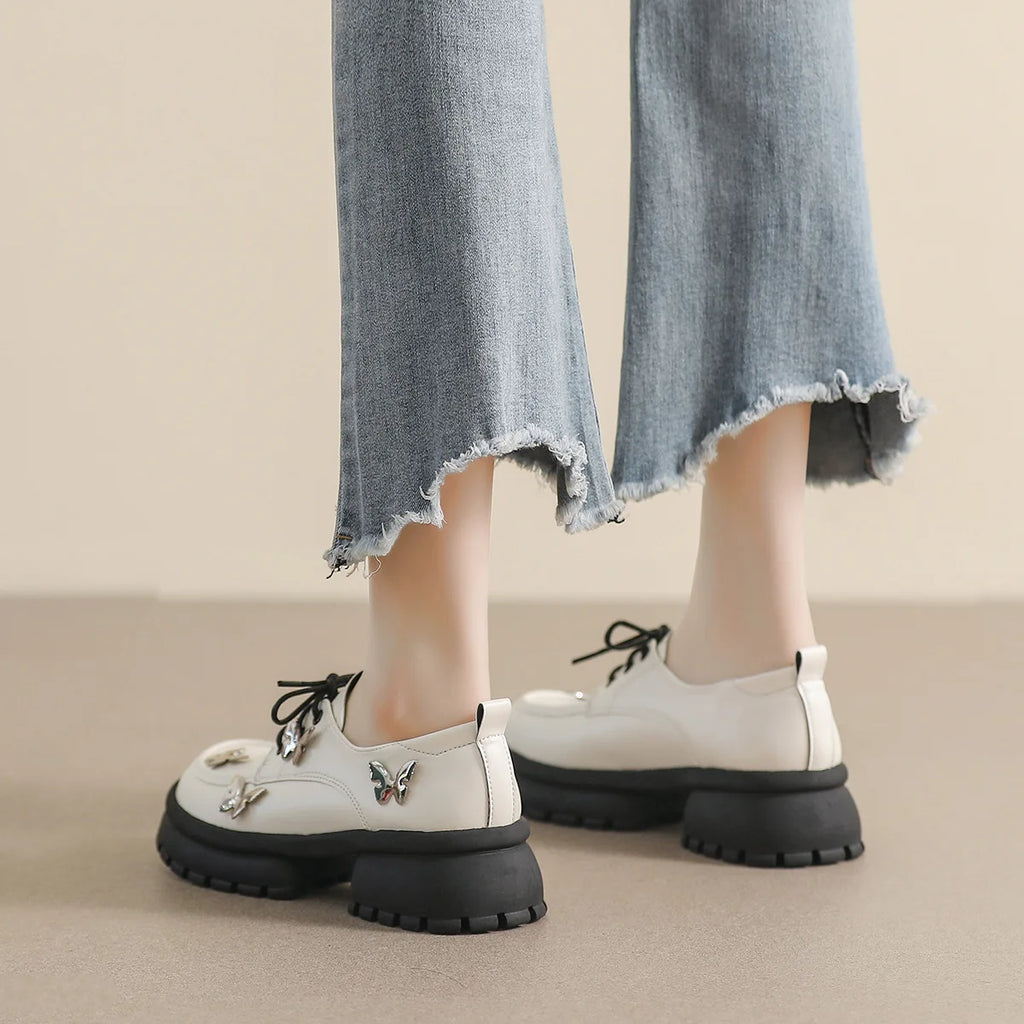 Elegant British & Korean Style Women's Light Single Leather Shoe Lace-Up Loafers with Pointed & Cute Butterfly Design for School
