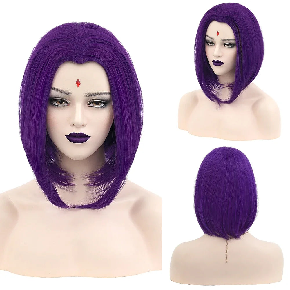 Ainizi Purple bob Middle Part Raven Cosplay Wig From New Teen Titans for Halloween