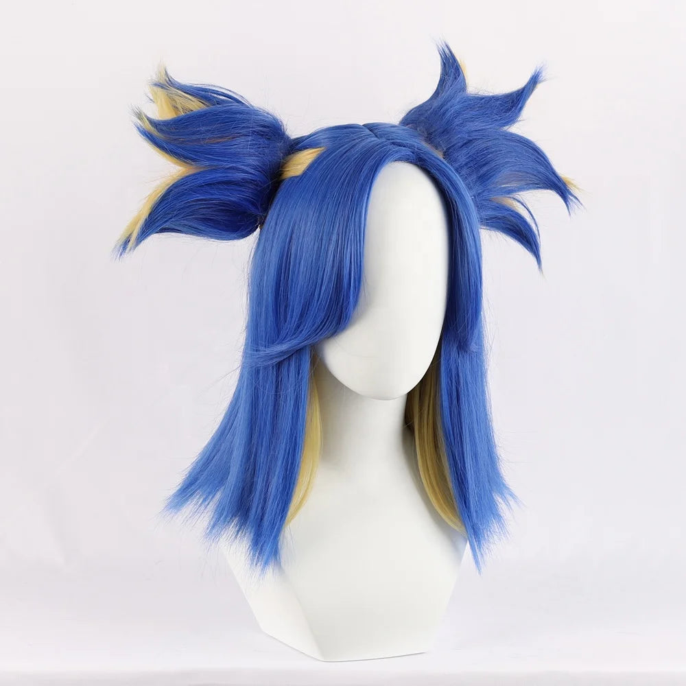 Wholesale Game Valorant Neon Wig Cosplay 40cm Medium Long Blue Blonde Mixed Synthetic Anime Ponytails Peluca Cosplay Wig