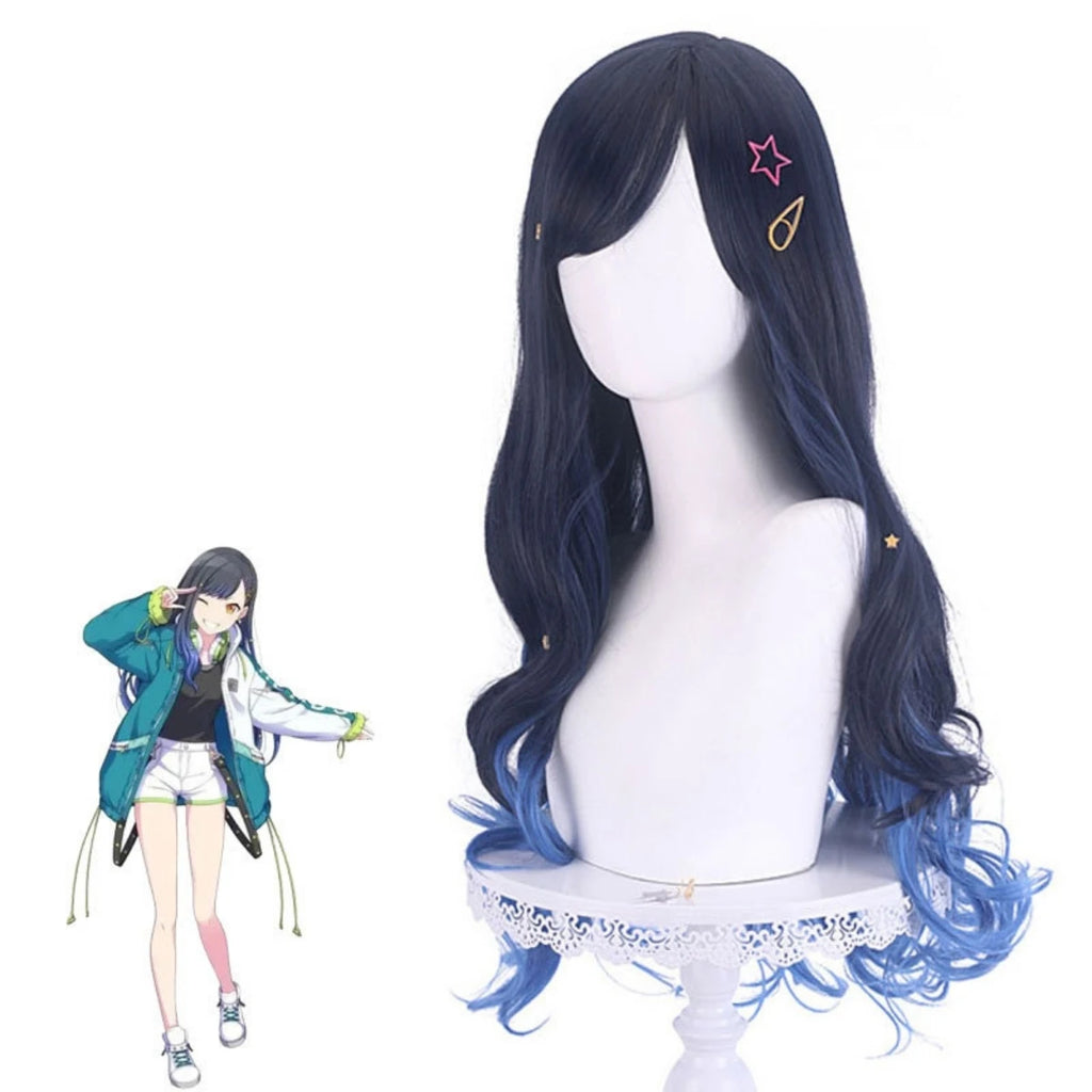 Mengtong Wholesale Anime Cosplay Synthetic Wig Long Curly Blue Body Wave Machine Made Technique