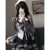Sweet and Spicy Chic Black Lace-Panelled Camisole Frilled Gray Figure-Flattering Cardigan One Set with Above-Knee Tiered Skirt