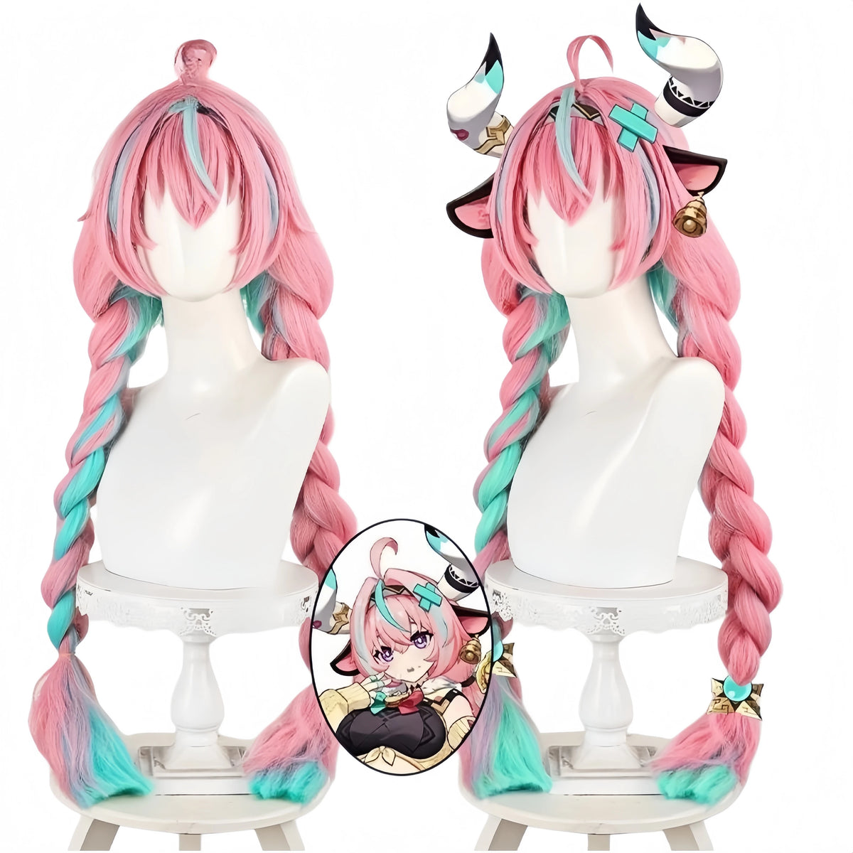 Genshin Impact Varesa Cosplay Wig 98cm Pink Green Braided Hairstyle Wig Heat Resistant Synthetic Hair Anime Cosplay Costume Wigs