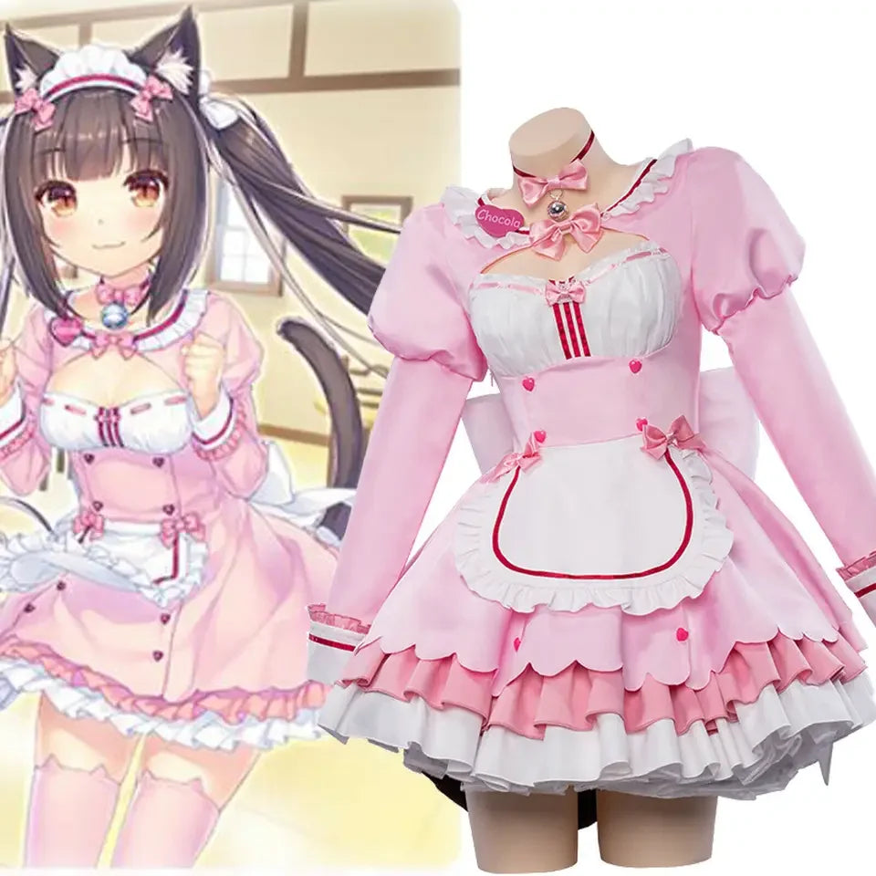 Game Cosplay Chocola Nekopara Costume Vanilla Suits Cat Girl Maid Dresses Lolita Lovable Pink Blue Polyester Halloween Costumes