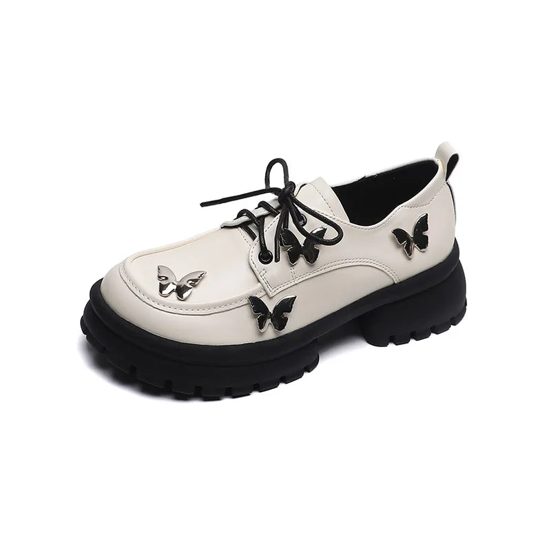 Elegant British & Korean Style Women's Light Single Leather Shoe Lace-Up Loafers with Pointed & Cute Butterfly Design for School