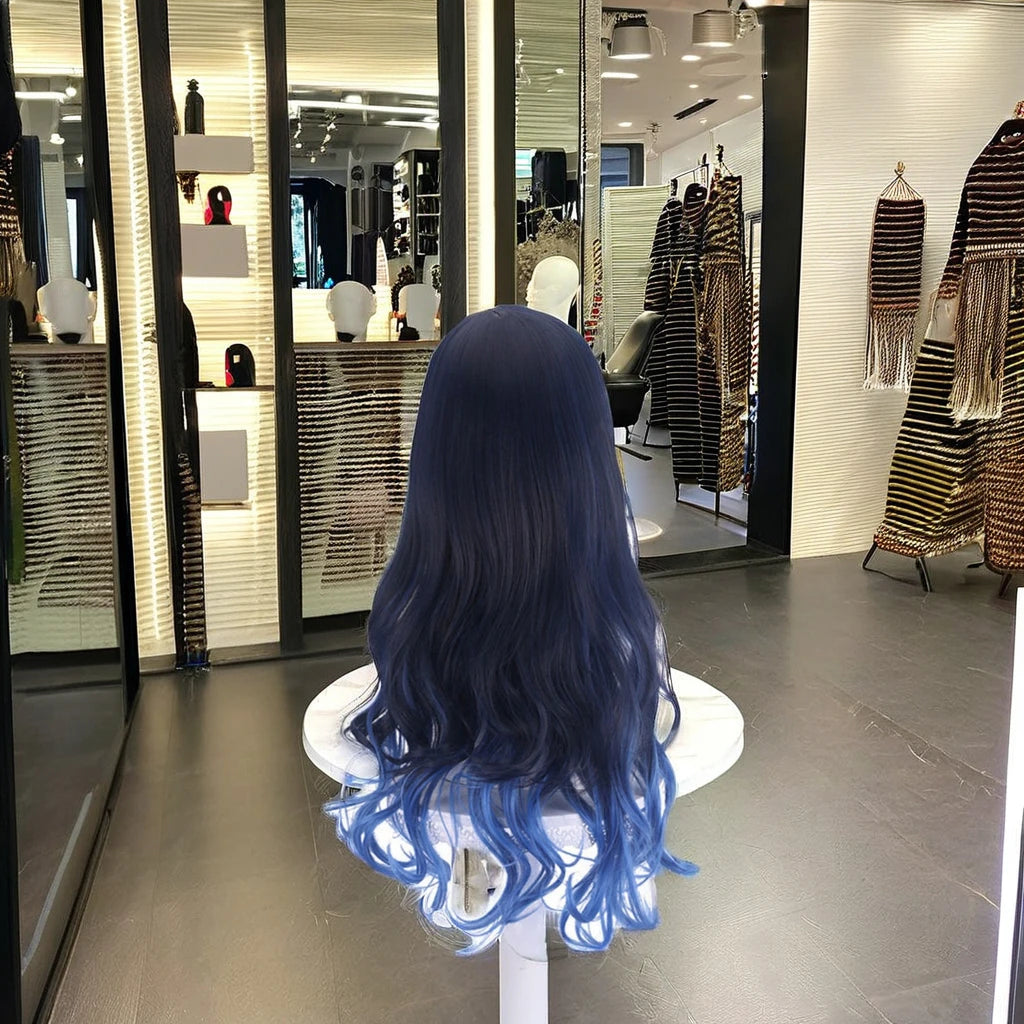 Mengtong Wholesale Anime Cosplay Synthetic Wig Long Curly Blue Body Wave Machine Made Technique