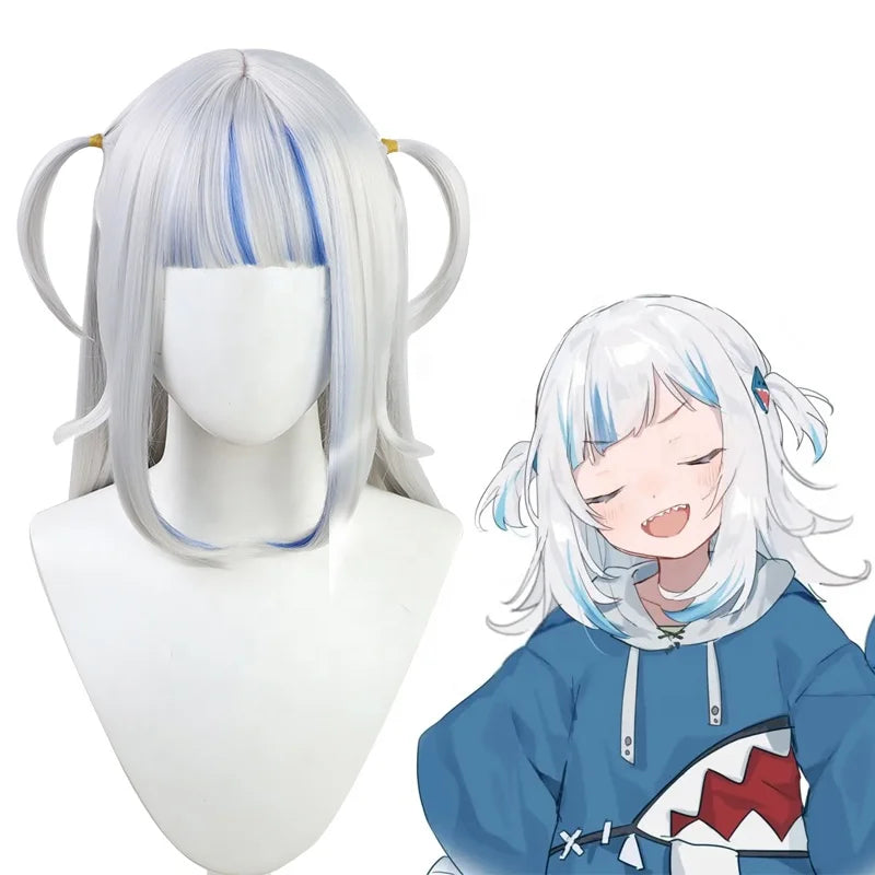 Wholesale 55cm Long Straight Silver Blue Mixed Virtual YouTuber Gawr Gura Wig Cosplay Synthetic Anime Heat Resistant Hair Wig
