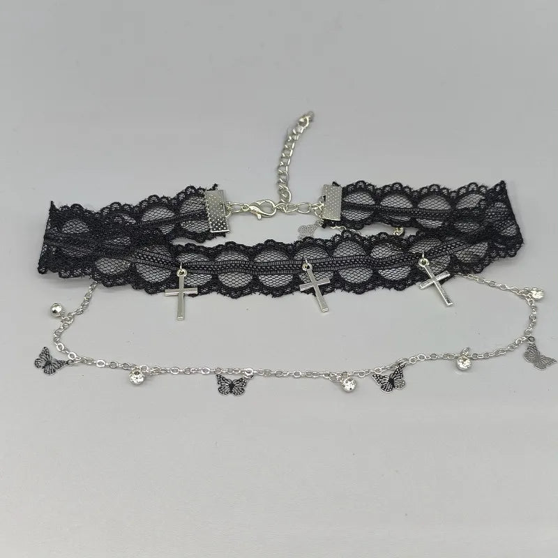 Sweet Black White Lace Choker Necklaces Women Trendy Cross Butterfly Pendant Necklace Party Jewelry
