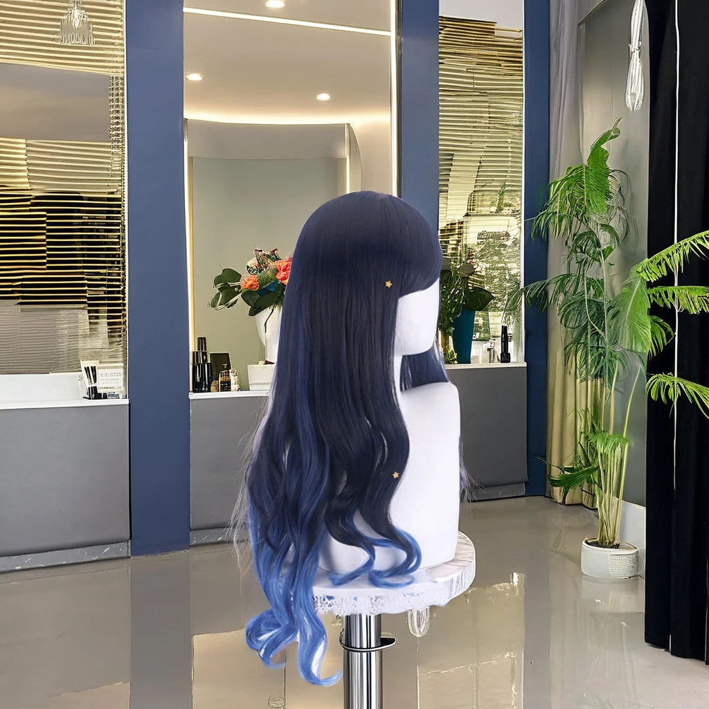 Mengtong Wholesale Anime Cosplay Synthetic Wig Long Curly Blue Body Wave Machine Made Technique
