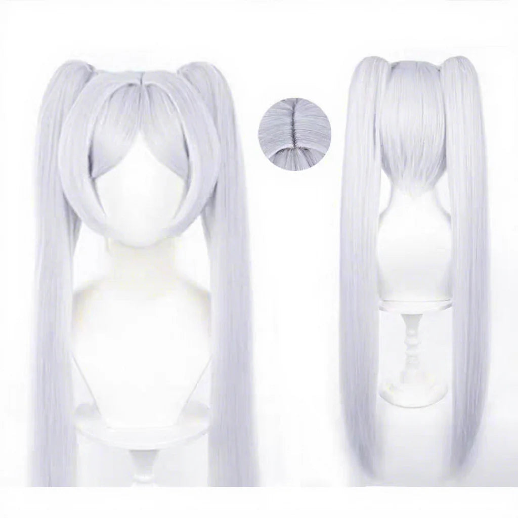 Wholesale Huayi 70cm Long Straight Silver White Frieren at the Funeral Anime Wig Synthetic Cosplay Two Ponytails Women Adults