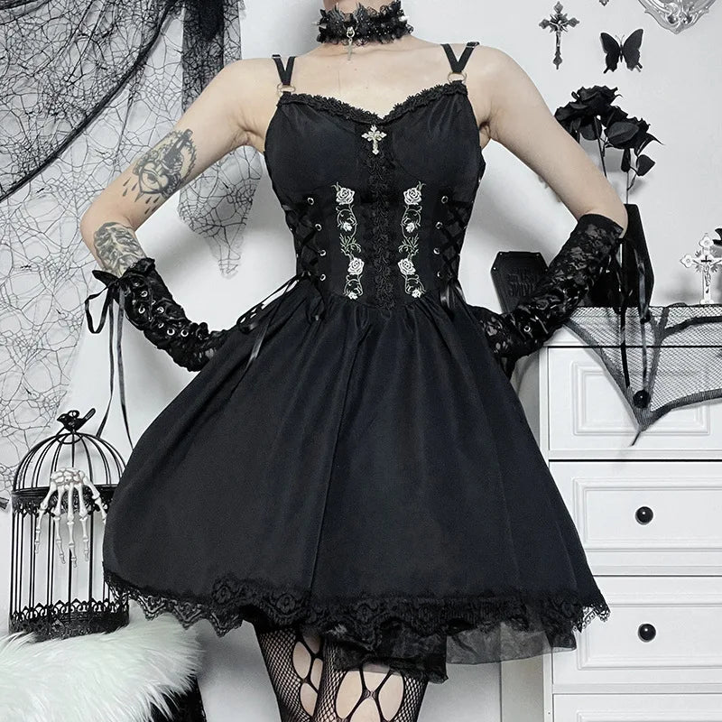 Women Gothic Vintage Black Mini Dress Streetwear Punk Belt Patchwork Dress Harajuku High Waist Mini Dresses