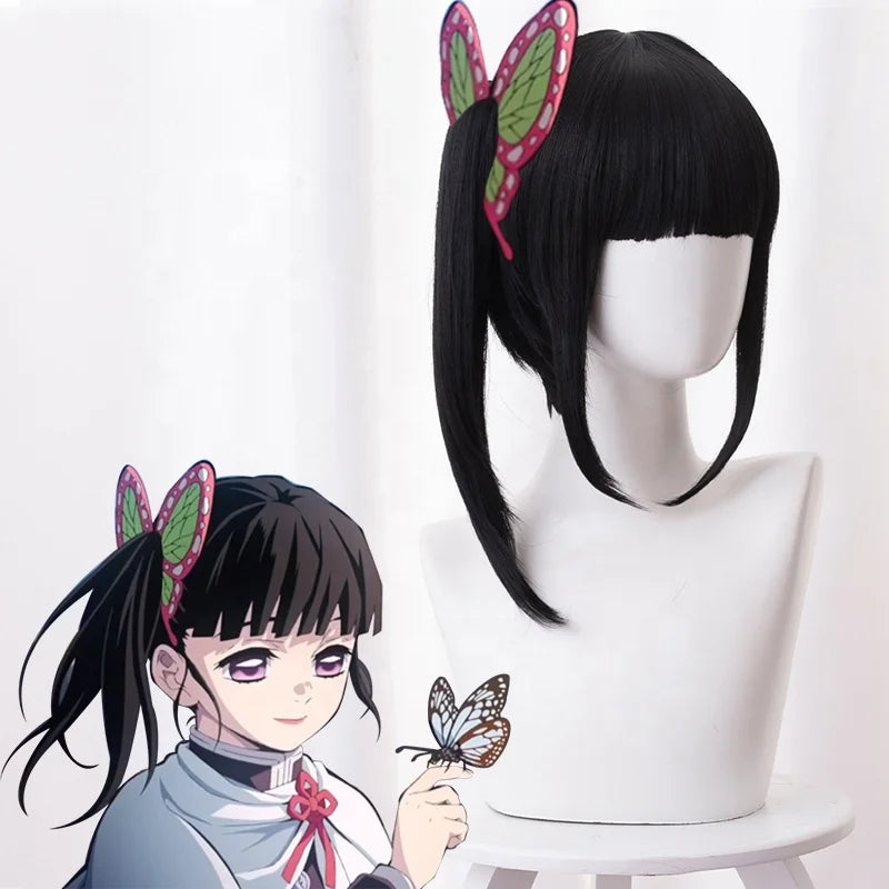 Wholesale 40cm Short Demon Slayer Peluca Tsuyuri Kanawo Wig Cosplay Black Synthetic Anime Hair Wigs With One Ponytail