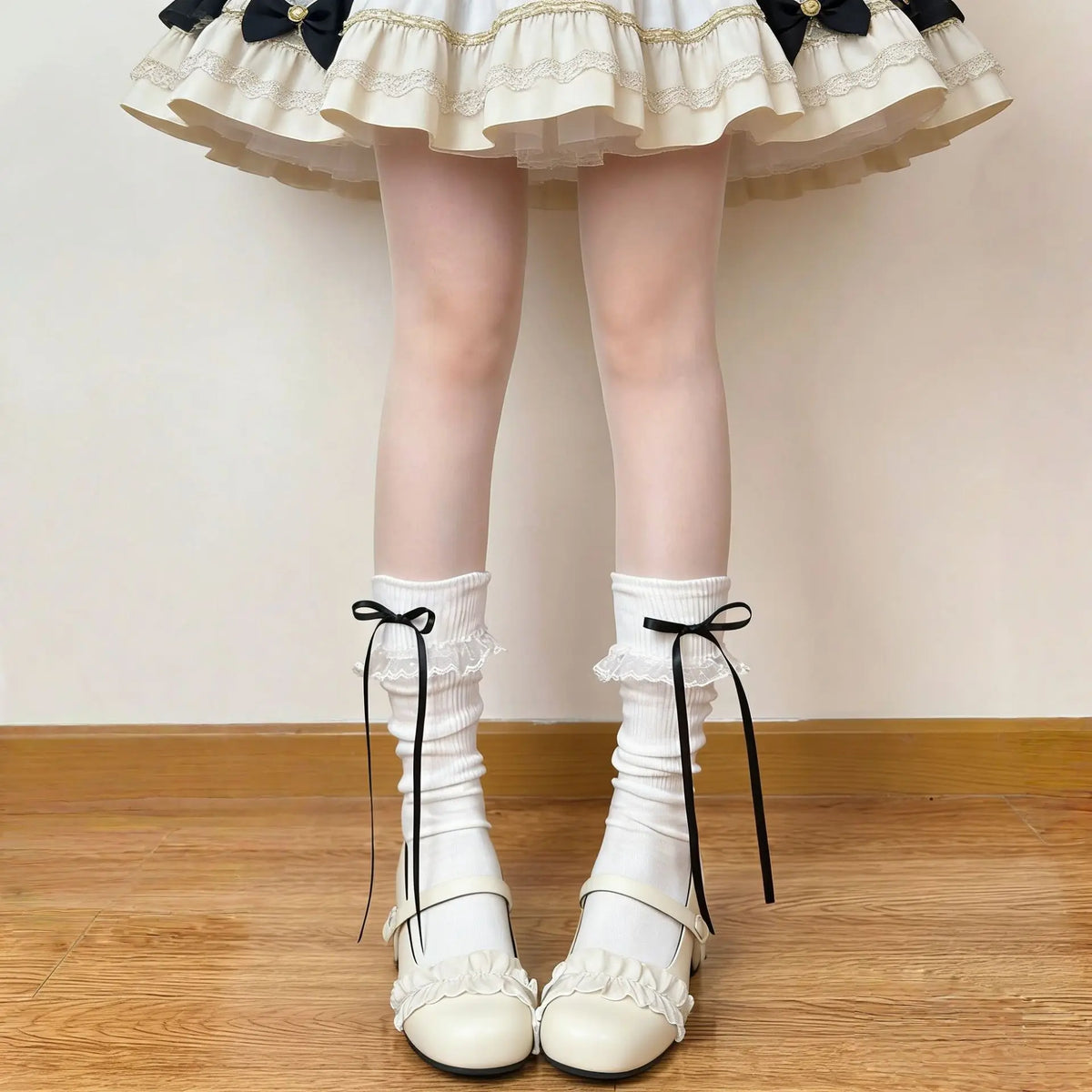 Original Japanese-style Lolita Thin Mid-Calf Knitted Polyester Tube Socks Bows Lace Design Breathable Anti-Bacterial Daily
