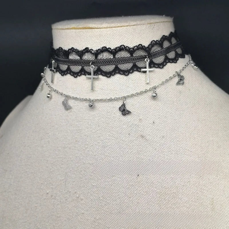 Sweet Black White Lace Choker Necklaces Women Trendy Cross Butterfly Pendant Necklace Party Jewelry