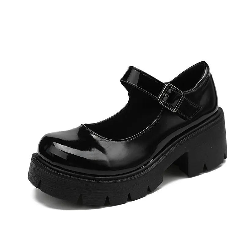 Women Vintage Shoes Casual Buckle Strap Round Toe Shoes Platform Square Heel Shoes