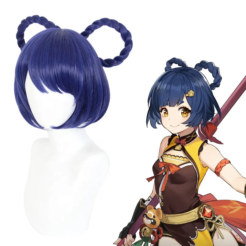 Wholesale Genshin Impact Anime Peluca 30cm Short Blue Purple Mixed Xiangling Wig Cosplay Synthetic Braided Hair Wig