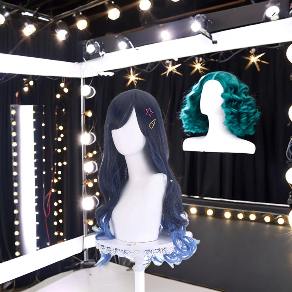 Mengtong Wholesale Anime Cosplay Synthetic Wig Long Curly Blue Body Wave Machine Made Technique