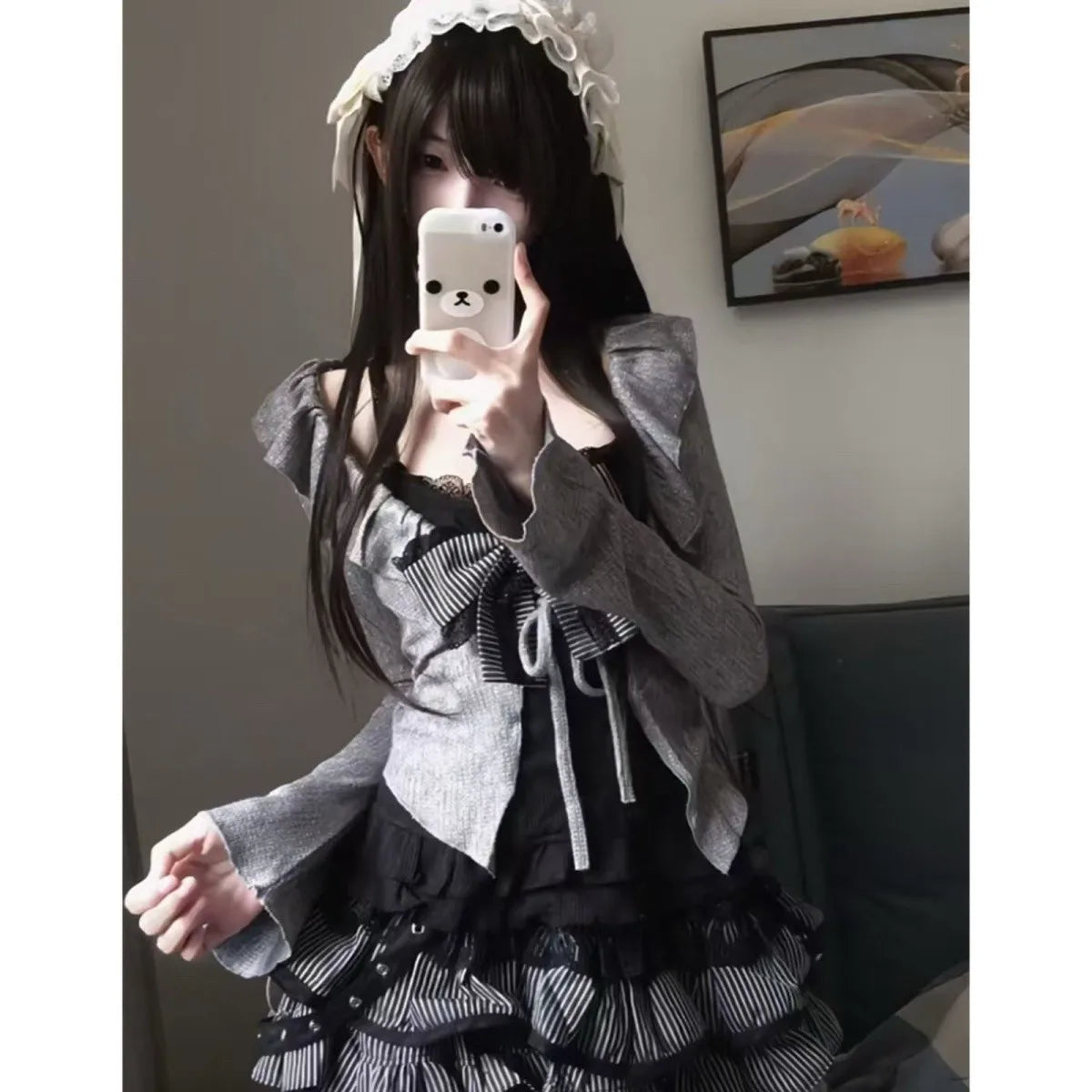 Sweet and Spicy Chic Black Lace-Panelled Camisole Frilled Gray Figure-Flattering Cardigan One Set with Above-Knee Tiered Skirt