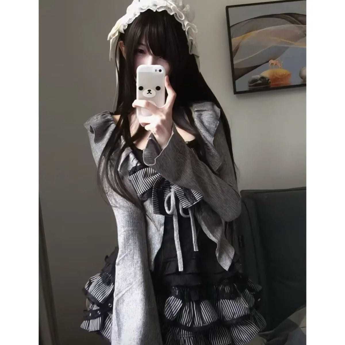 Sweet and Spicy Chic Black Lace-Panelled Camisole Frilled Gray Figure-Flattering Cardigan One Set with Above-Knee Tiered Skirt