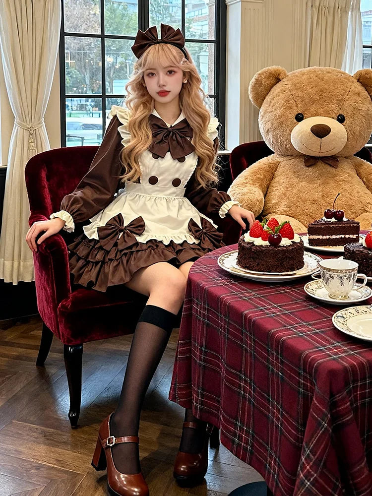 Adult Women Japanese Anime Cosplay Costume Polyester Bow Apron Lolita Maid Dress Outfit for Halloween Party