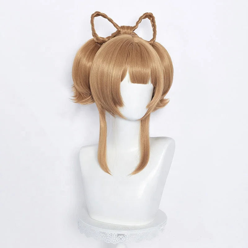 Wholesale Genshin Impact Wigs 40cm Medium Long Light Brown Yaoyao Peluca Synthetic Anime Cosplay Wigs With Two Ponytails