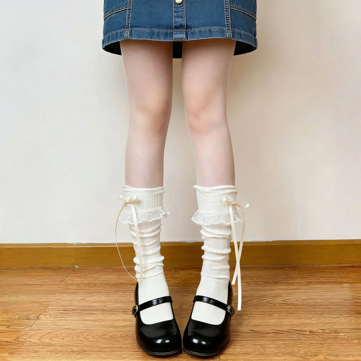 Original Japanese-style Lolita Thin Mid-Calf Knitted Polyester Tube Socks Bows Lace Design Breathable Anti-Bacterial Daily