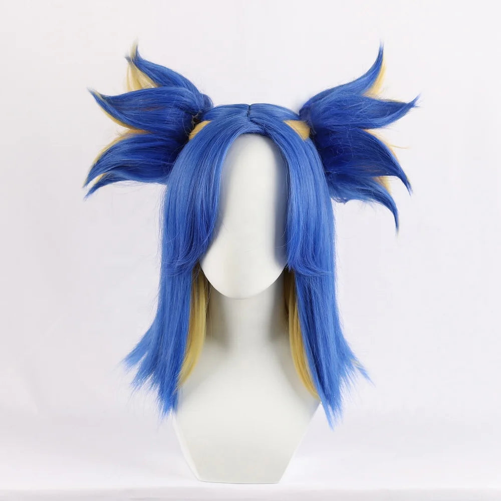 Wholesale Game Valorant Neon Wig Cosplay 40cm Medium Long Blue Blonde Mixed Synthetic Anime Ponytails Peluca Cosplay Wig