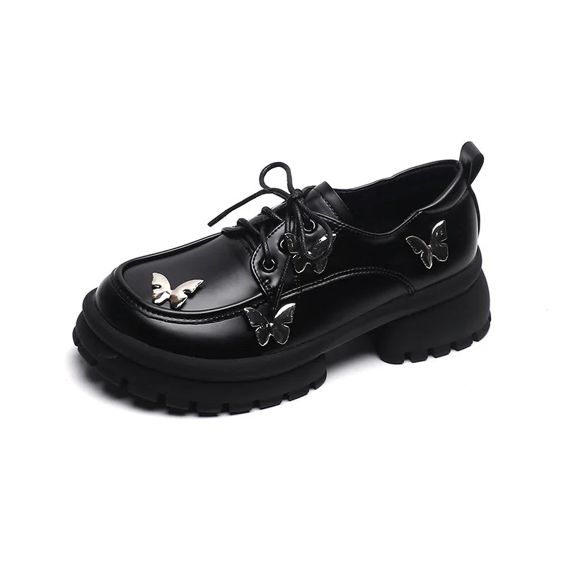 Elegant British & Korean Style Women's Light Single Leather Shoe Lace-Up Loafers with Pointed & Cute Butterfly Design for School