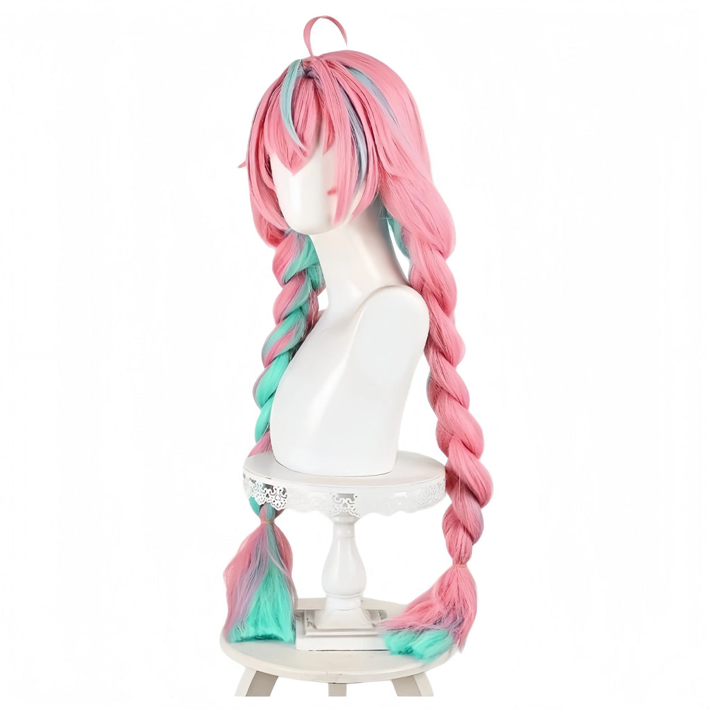 Genshin Impact Varesa Cosplay Wig 98cm Pink Green Braided Hairstyle Wig Heat Resistant Synthetic Hair Anime Cosplay Costume Wigs