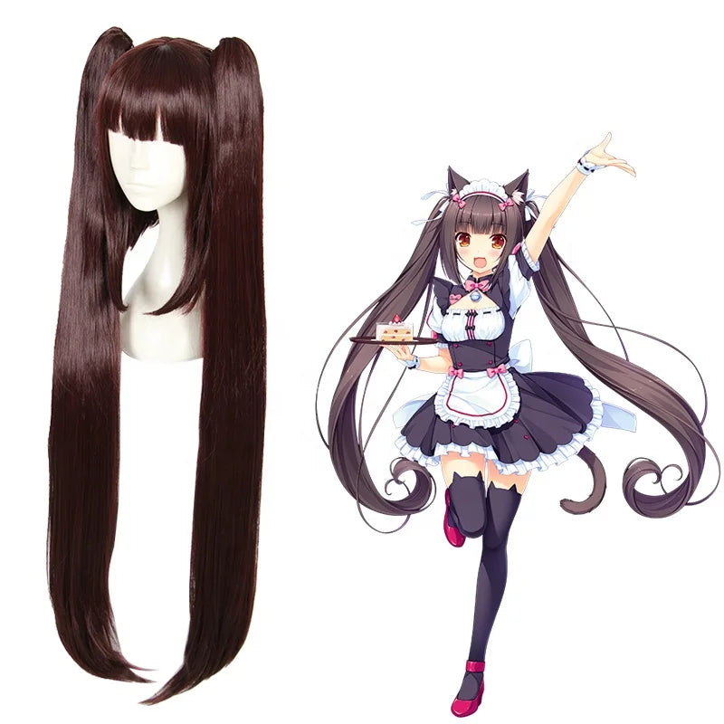Wholesale 100cm Long Curly Reddish Brown Nekopara Chocolate Wig Synthetic Anime Cosplay Wigs With 2Ponytails CS-453A