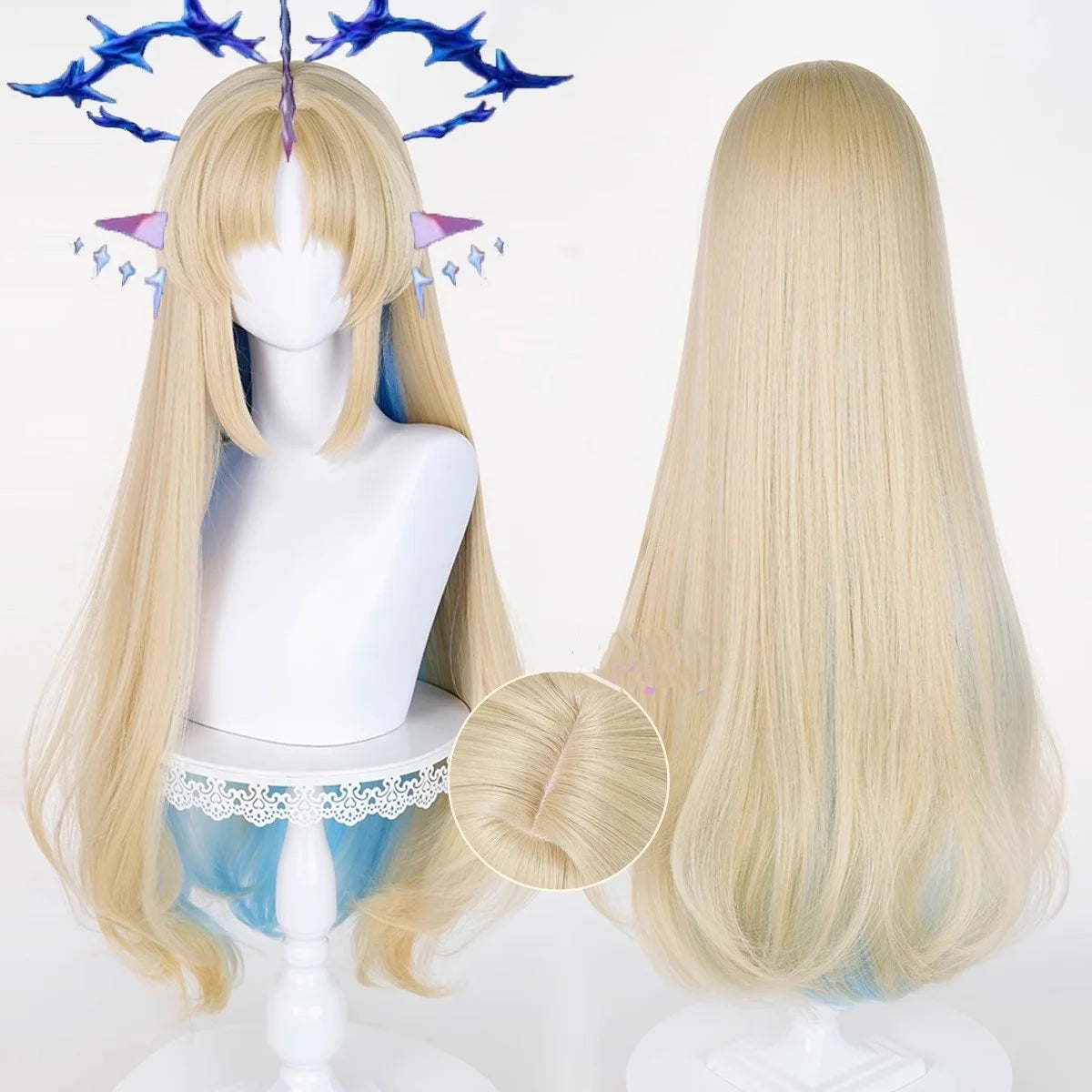 Wholesale Wuthering Waves Cartethyia Cosplay Wig 90cm Long Straight Blonde Blue Mixed Synthetic Anime Halloween Party Hair Wig