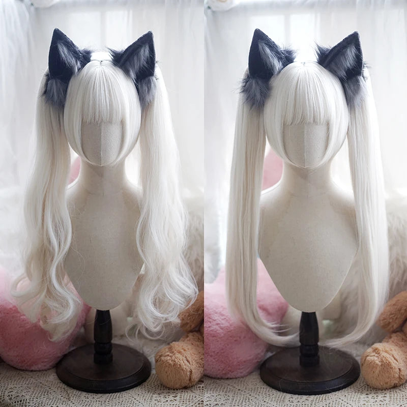 Lolita Style Curly straight Double Ponytails Wig | Heat Resistant Synthetic Hair with Bangs for Cosplay, Halloween, Anime Theme