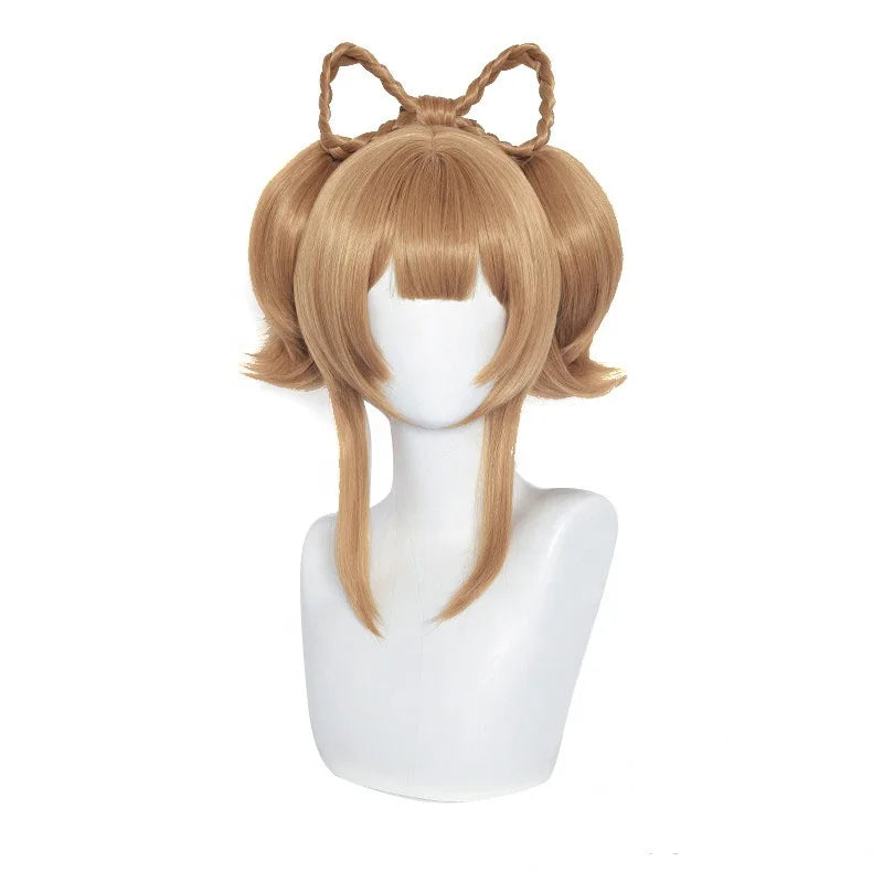 Wholesale Genshin Impact Wigs 40cm Medium Long Light Brown Yaoyao Peluca Synthetic Anime Cosplay Wigs With Two Ponytails