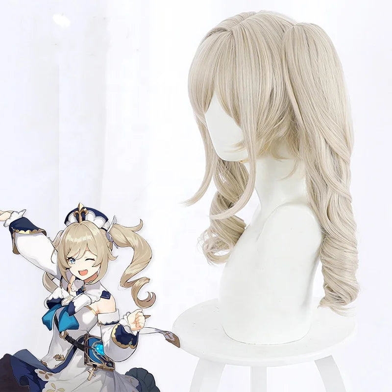 Wholesale 50cm Long Wave Light Blonde Genshin Impact Barbara Wig Cosplay Synthetic Anime Lolita Hair Wig With Two Ponytails