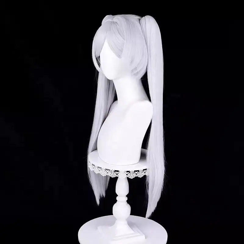 Wholesale Huayi 70cm Long Straight Silver White Frieren at the Funeral Anime Wig Synthetic Cosplay Two Ponytails Women Adults