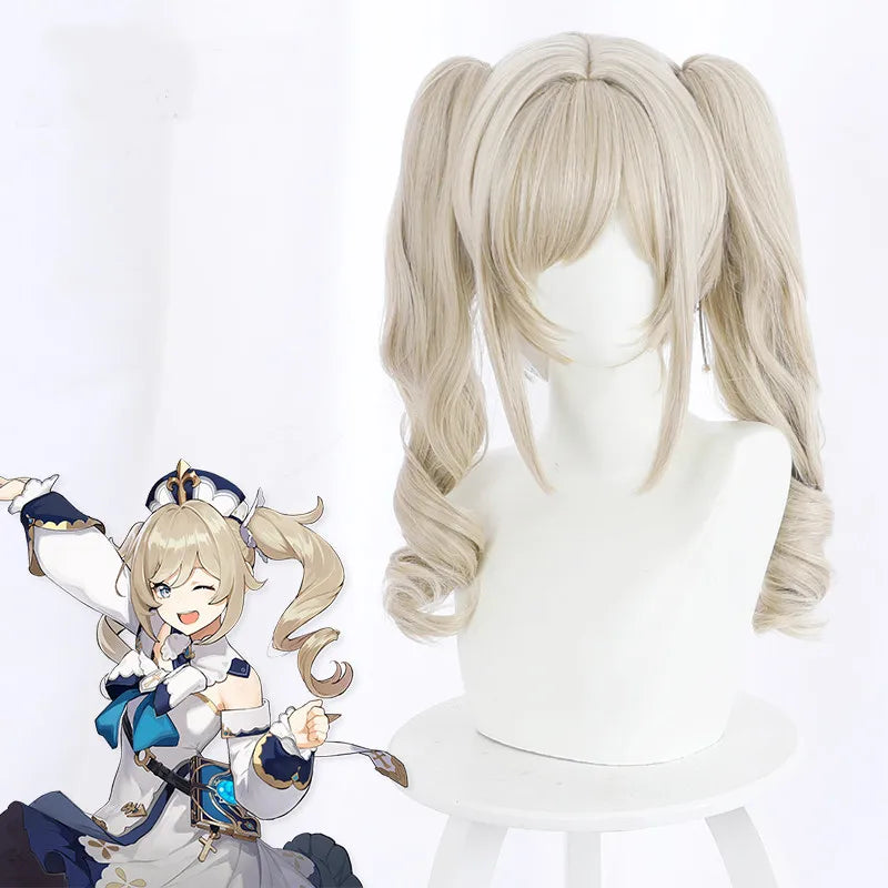 Wholesale 50cm Long Wave Light Blonde Genshin Impact Barbara Wig Cosplay Synthetic Anime Lolita Hair Wig With Two Ponytails