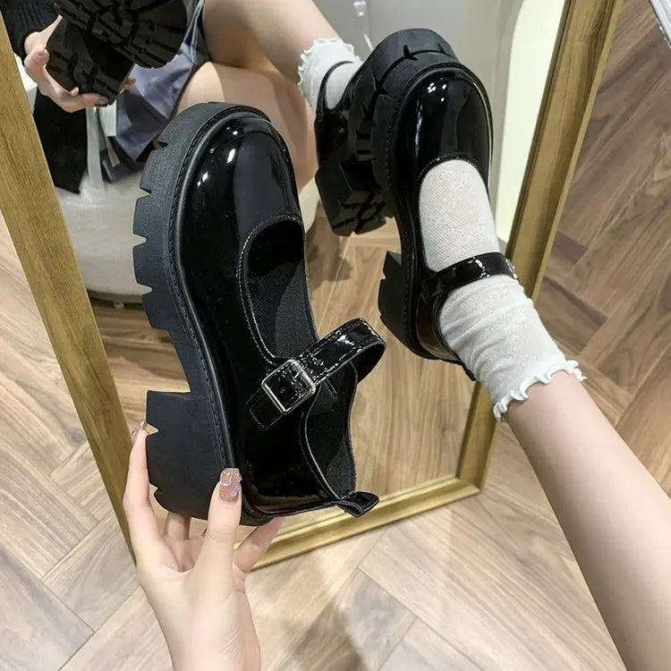 2026 New Japanese Style Women Round Toe Platform Black PU Leather Student Cosplay Daily Fashion Shoes