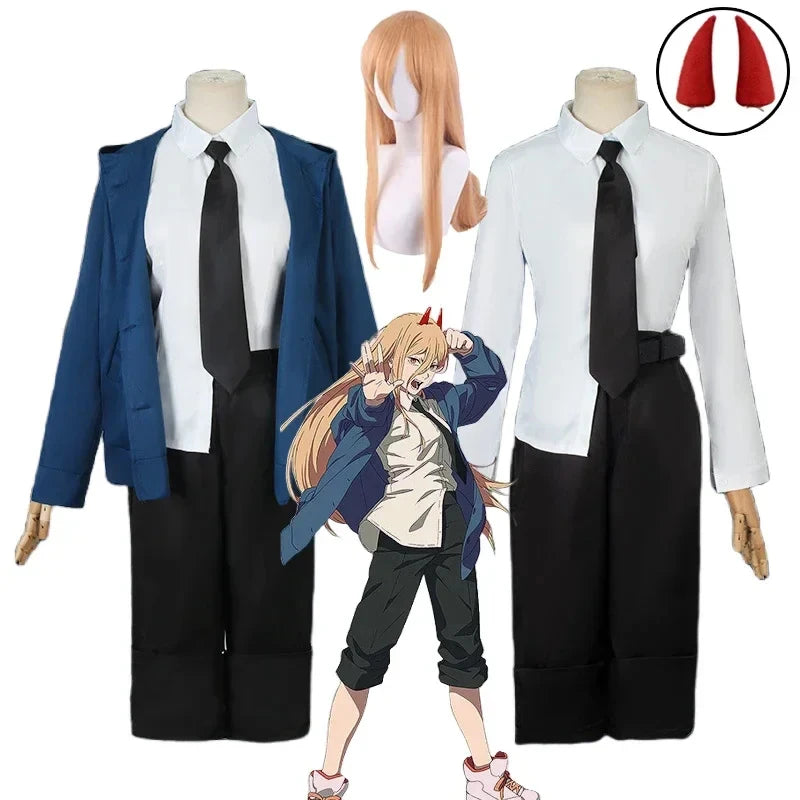 Power Cosplay Anime Power Cosplay Costume Wig Uniform Blue Jackets Pants Horn Halloween Carnival Costumes for Women Adult